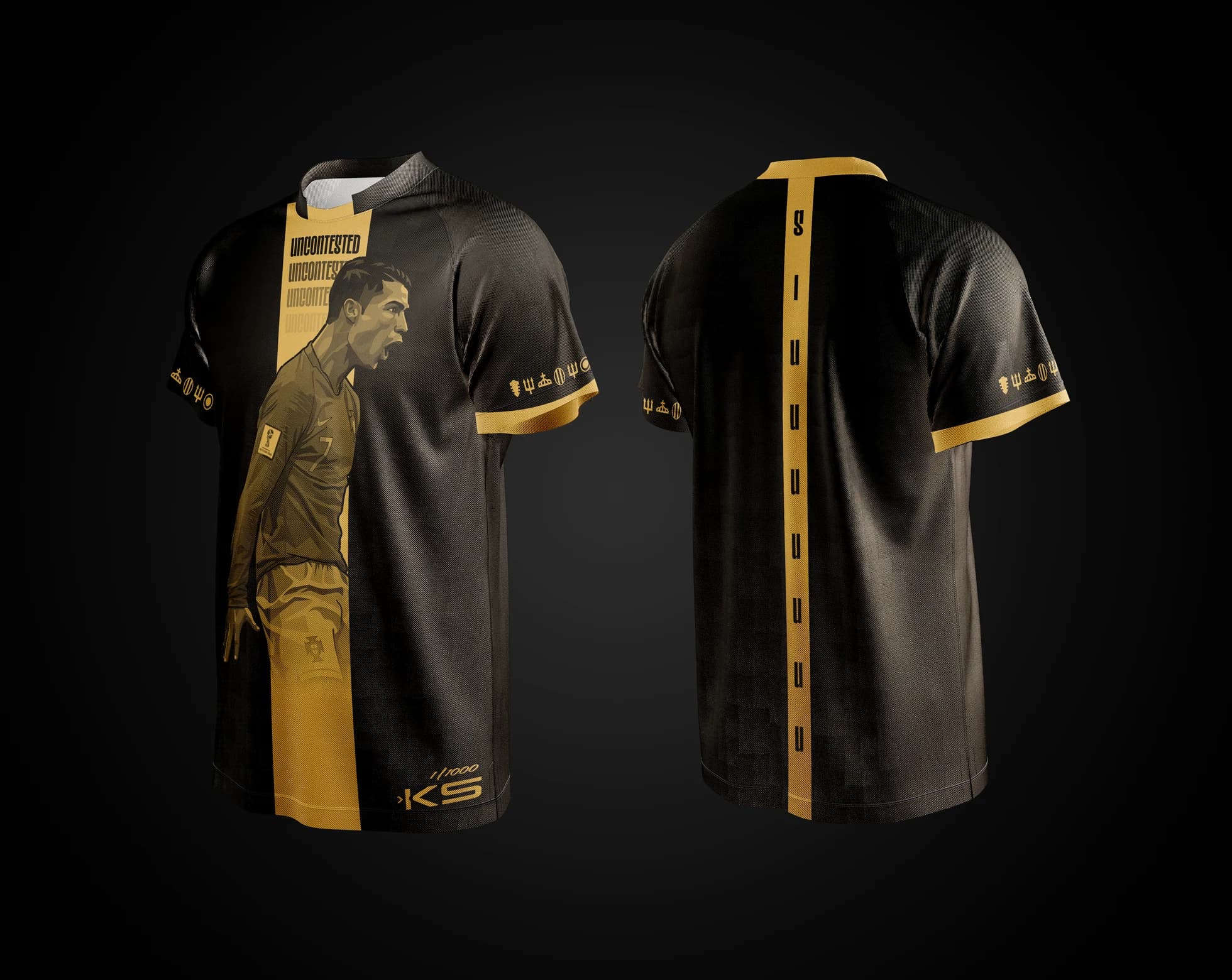 Front and back mockup of the black and gold UNCONTESTED jersey, with Ronaldo on the front and SIUUU down the back